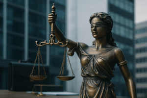 Imagem conceitual gerada por inteligência artificial mostrando a estátua da Justiça diante de prédios corporativos.