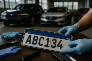 Placa veicular do padrão Mercosul sendo analisada por perito em uma garagem com carros de luxo ao fundo.