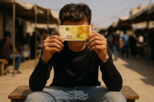 Jovem em mercado da Faixa de Gaza segurando uma nota de 50 shekels diante do rosto em imagem gerada por inteligência artificial.