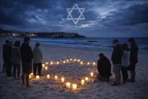 Pessoas reunidas em vigília noturna na praia de Bondi, na Austrália, ao redor de velas dispostas em forma de estrela de Davi, com o mar ao fundo.