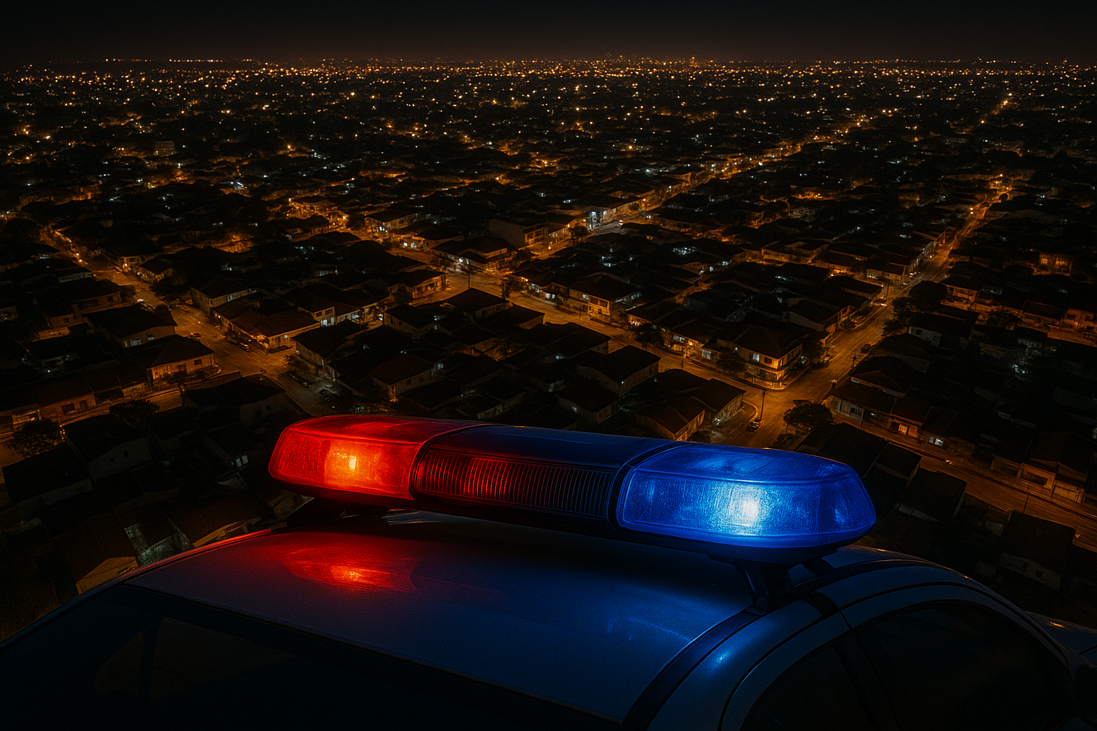 Vista aérea noturna de Aparecida de Goiânia com sirene de viatura policial em primeiro plano, em imagem ultrarrealista gerada por inteligência artificial.
