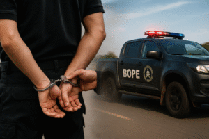 Algemas nas mãos de um agente de costas e viatura do BOPE em movimento, em composição conceitual gerada por inteligência artificial.