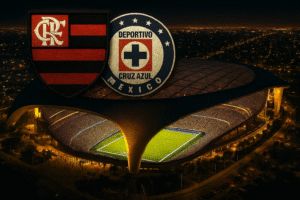 Vista aérea noturna do SoFi Stadium com os escudos de Flamengo e Cruz Azul em destaque, em ilustração ultrarrealista gerada por inteligência artificial.