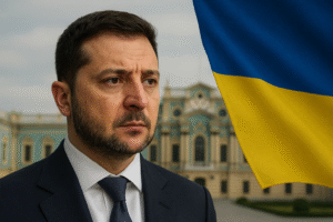 Ilustração gerada por IA mostra Volodymyr Zelensky em frente ao Palácio Mariinsky, sede do governo ucraniano, com bandeira da Ucrânia ao fundo.