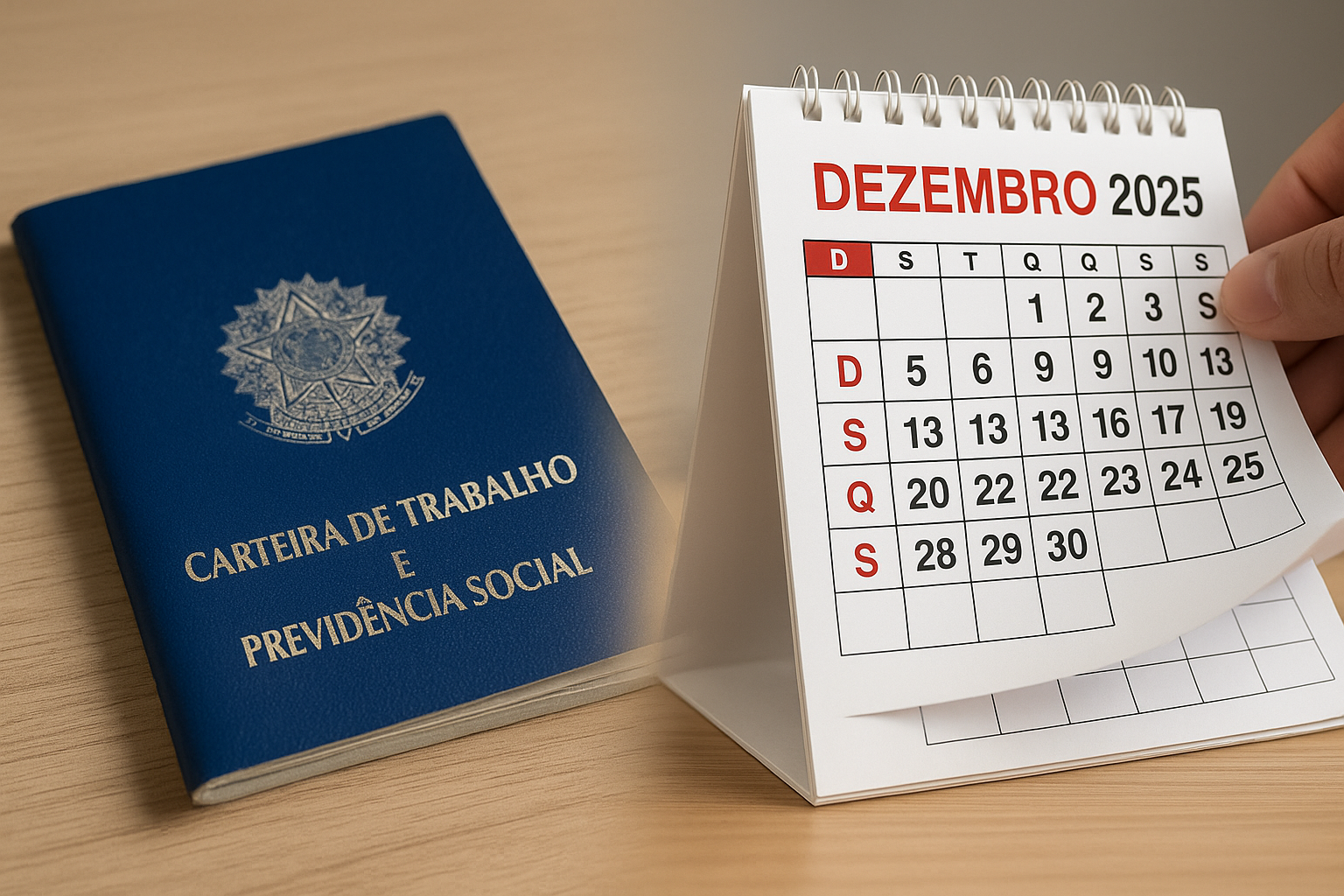 Carteira de Trabalho sobre mesa ao lado de calendário de dezembro de 2025 sendo folheado, em ilustração realista produzida por inteligência artificial.