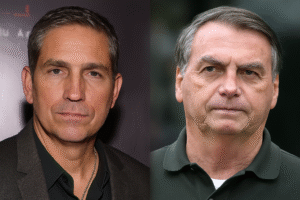 Retrato composto por inteligência artificial mostrando Jim Caviezel e Jair Bolsonaro lado a lado, em montagem informativa baseada em referências visuais reais.