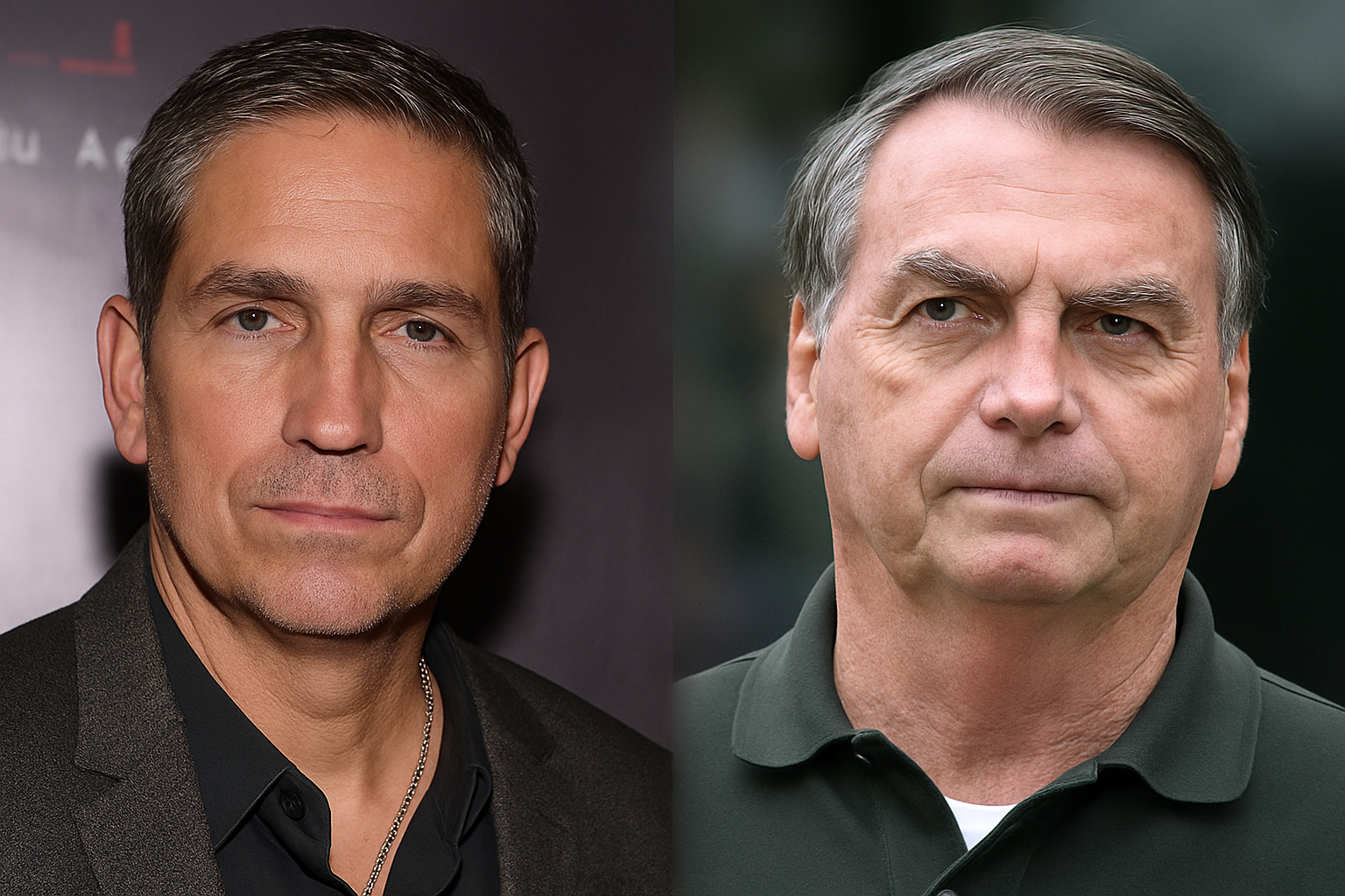 Retrato composto por inteligência artificial mostrando Jim Caviezel e Jair Bolsonaro lado a lado, em montagem informativa baseada em referências visuais reais.
