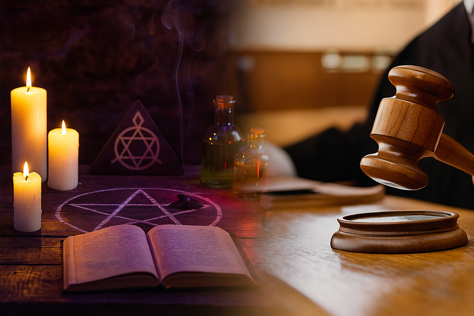 Composição ilustrativa gerada por IA que une um ambiente de tribunal e um cenário simbólico de práticas místicas.
