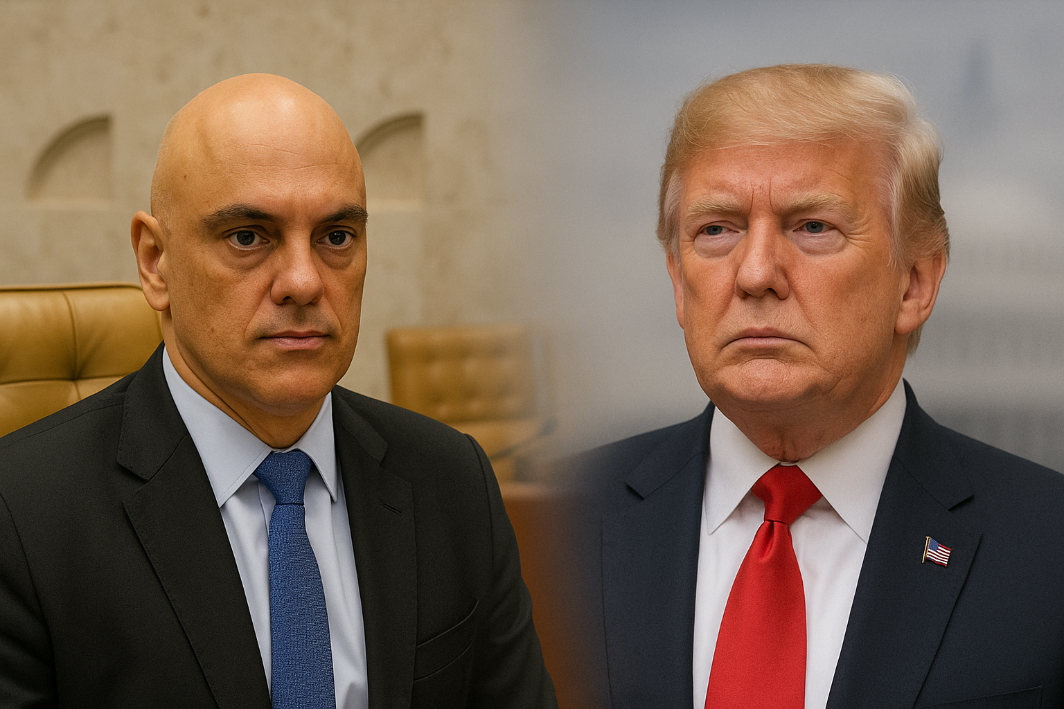 Montagem ilustrativa mostra Alexandre de Moraes e Donald Trump em ambientes institucionais distintos, em referência a desdobramentos políticos entre Brasil e Estados Unidos.