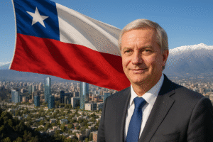 Vista semiaérea de Santiago, capital do Chile, com a bandeira chilena e o presidente eleito José Antonio Kast em composição visual gerada por inteligência artificial.