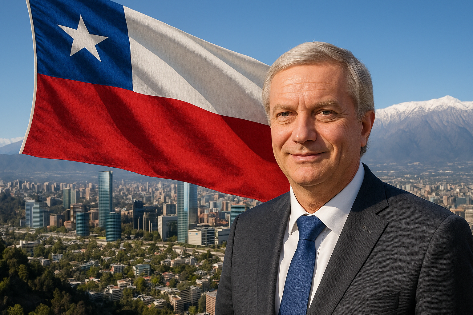 Vista semiaérea de Santiago, capital do Chile, com a bandeira chilena e o presidente eleito José Antonio Kast em composição visual gerada por inteligência artificial.