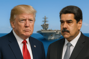 Donald Trump e Nicolás Maduro em montagem ilustrativa com porta-aviões dos EUA ao fundo no mar do Caribe; imagem gerada por inteligência artificial.