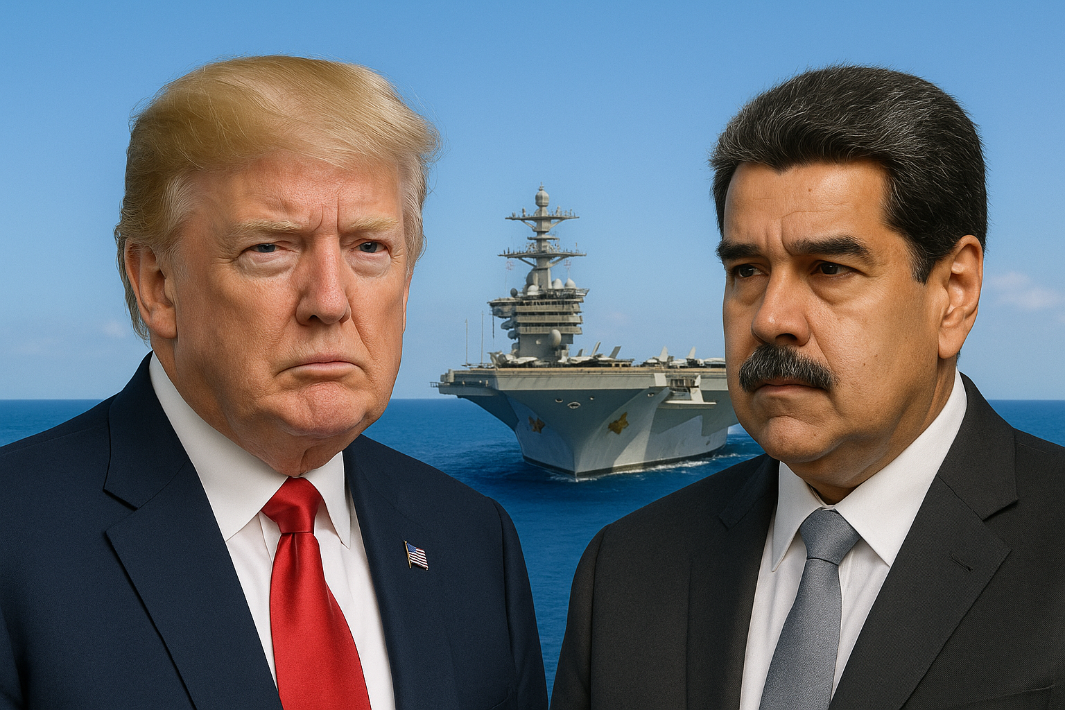 Donald Trump e Nicolás Maduro em montagem ilustrativa com porta-aviões dos EUA ao fundo no mar do Caribe; imagem gerada por inteligência artificial.