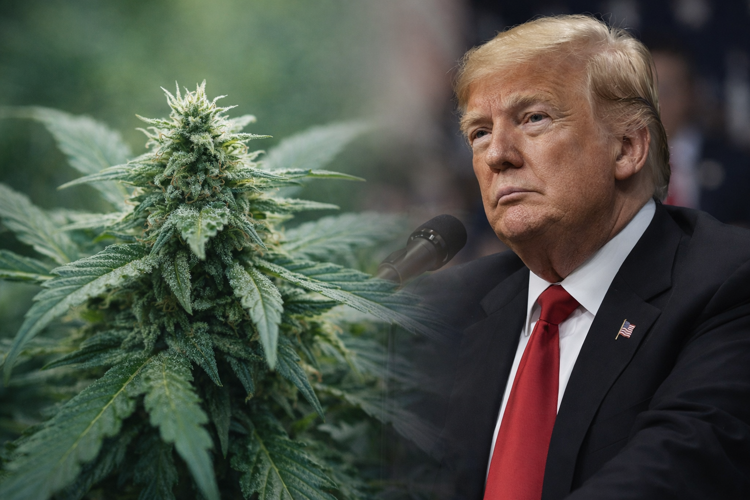 Montagem ilustrativa que reúne imagem da planta de cannabis e o presidente dos Estados Unidos, Donald Trump, em contextos distintos, relacionada a notícia sobre decreto que trata da reclassificação da substância para fins regulatórios.