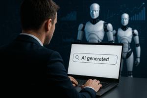 Imagem conceitual gerada por inteligência artificial mostrando um profissional diante de um laptop com interface de buscas ligada à inteligência artificial, com robôs humanoides ao fundo.