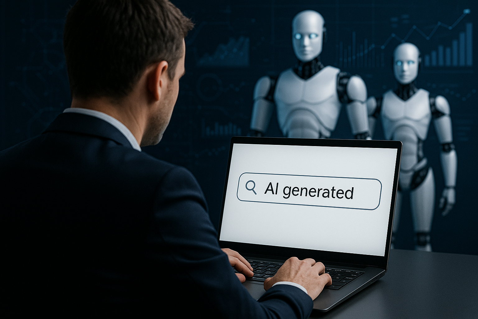 Imagem conceitual gerada por inteligência artificial mostrando um profissional diante de um laptop com interface de buscas ligada à inteligência artificial, com robôs humanoides ao fundo.