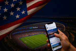 Imagem ilustrativa mostra o SoFi Stadium à noite, com gramado de futebol, bandeira dos Estados Unidos e um smartphone exibindo rolagem de rede social.
