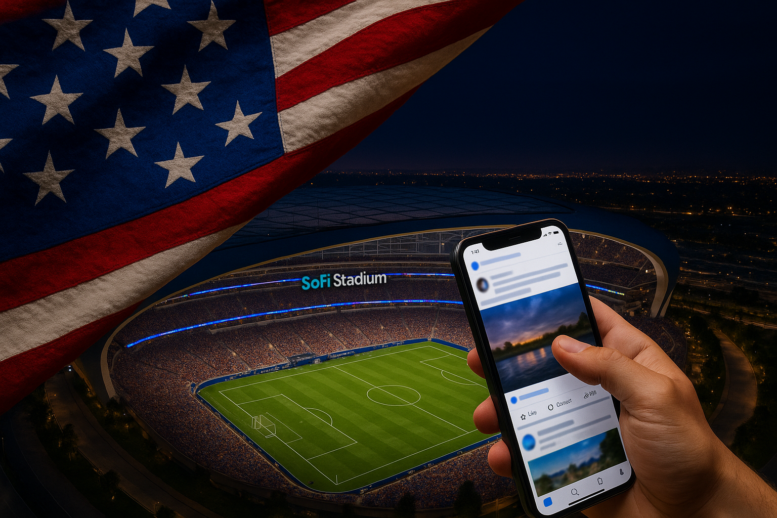 Imagem ilustrativa mostra o SoFi Stadium à noite, com gramado de futebol, bandeira dos Estados Unidos e um smartphone exibindo rolagem de rede social.