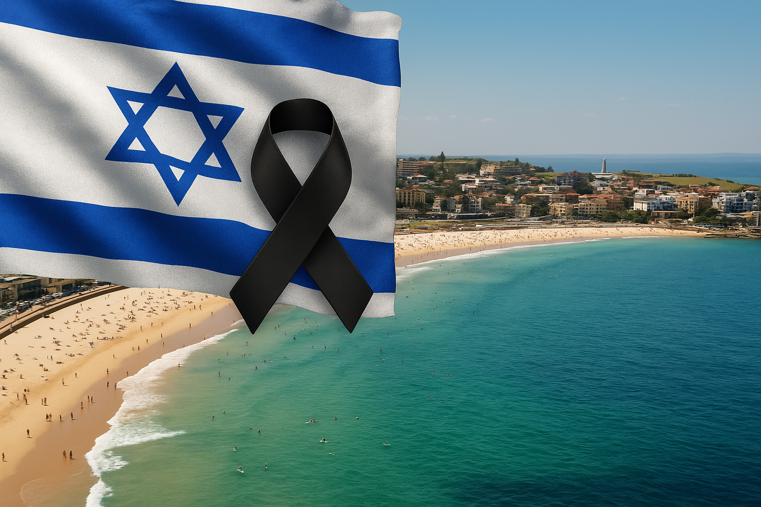 Vista semiaérea da praia de Bondi Beach, na Austrália, com bandeira de Israel e lenço preto de luto sobrepostos em imagem conceitual gerada por inteligência artificial.
