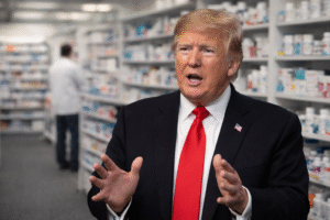 Imagem ilustrativa gerada por inteligência artificial mostra Donald Trump em ambiente farmacêutico, com prateleiras de medicamentos ao fundo.