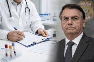 Imagem ilustrativa mostra cenário de perícia médica e retrato de Jair Bolsonaro em composição visual relacionada à avaliação médica determinada pelo STF.