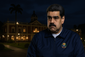 Nicolás Maduro sobreposto ao Palácio de Miraflores à noite, com expressão séria.