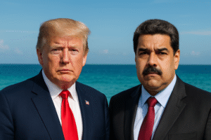 Bustos de Donald Trump e Nicolás Maduro sobrepostos ao mar do Caribe em imagem gerada por inteligência artificial.