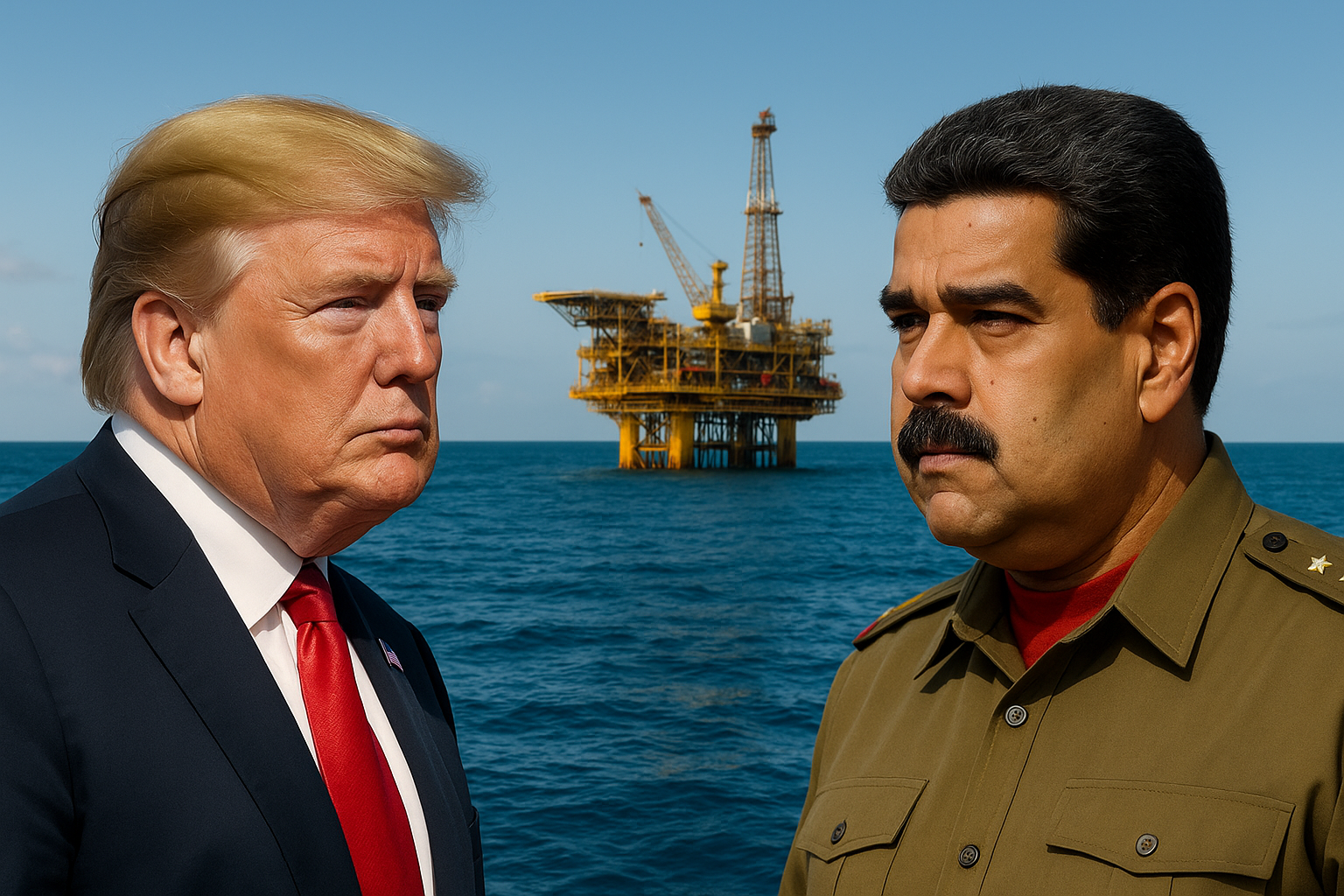 Montagem ilustrativa gerada por IA com Donald Trump e Nicolás Maduro em meio perfil, com plataforma de petróleo em alto-mar ao fundo, simbolizando tensão diplomática e setor petrolífero no Caribe.
