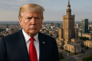 Donald Trump com expressão séria em frente ao skyline de Varsóvia, em ilustração ultrarrealista gerada por inteligência artificial.
