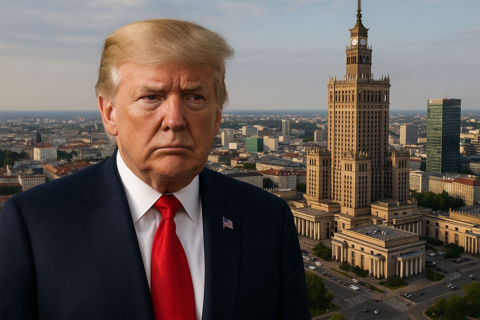 Donald Trump com expressão séria em frente ao skyline de Varsóvia, em ilustração ultrarrealista gerada por inteligência artificial.