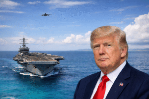 Ilustração mostra Donald Trump em primeiro plano com porta-aviões dos Estados Unidos no mar do Caribe e caça militar sobrevoando a região durante tensão com a Venezuela.