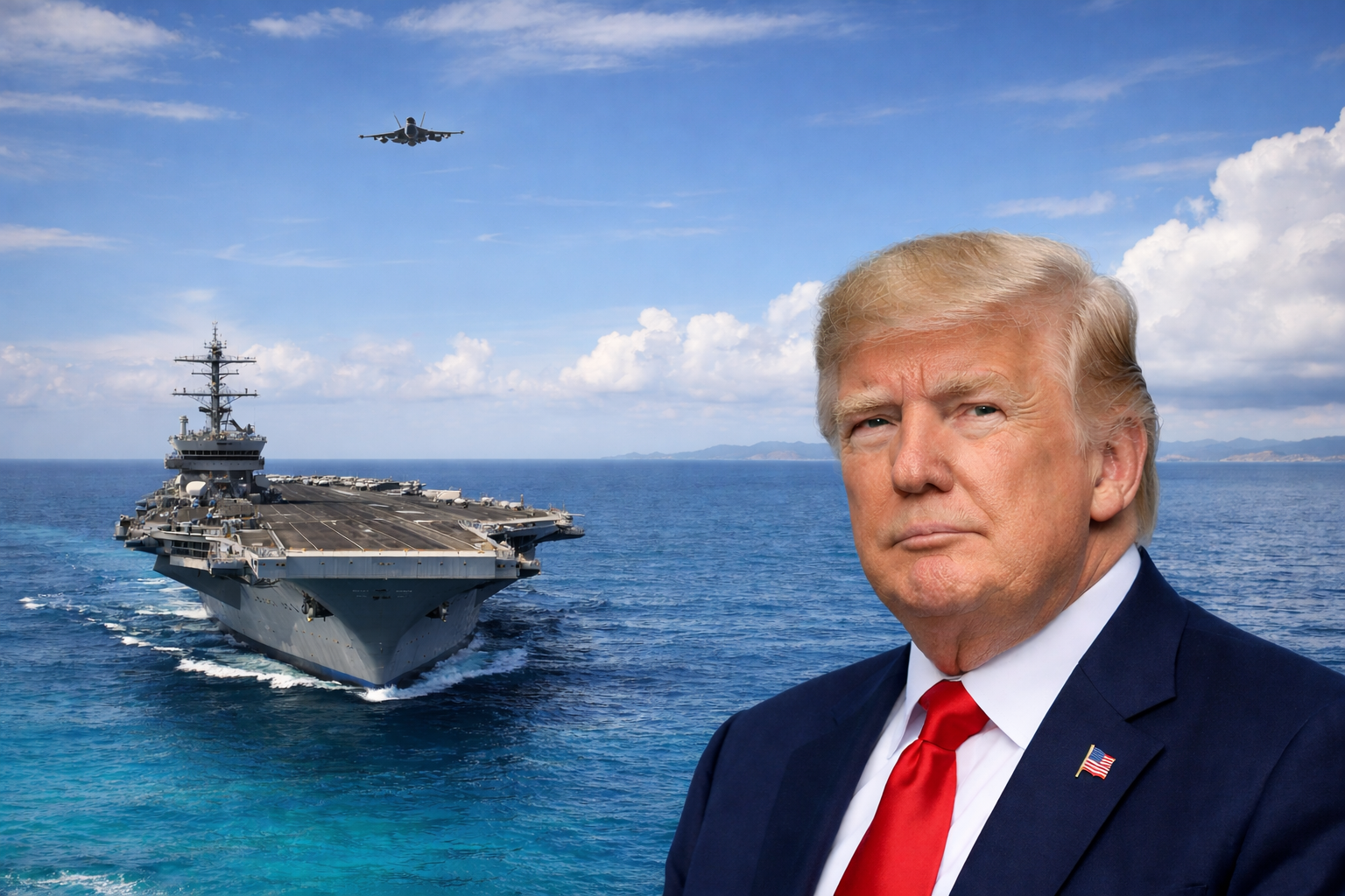 Ilustração mostra Donald Trump em primeiro plano com porta-aviões dos Estados Unidos no mar do Caribe e caça militar sobrevoando a região durante tensão com a Venezuela.