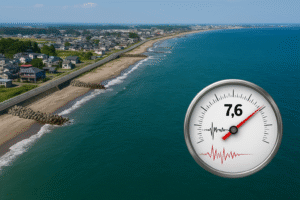 Vista semiaérea da costa de Misawa, no Japão, com mar azul e símbolo conceitual de alerta sísmico indicando magnitude 7,6; imagem gerada por inteligência artificial.