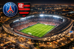 Imagem semiaérea noturna do estádio Ahmad Bin Ali, no Catar, iluminado para a final intercontinental entre Flamengo e Paris Saint-Germain.