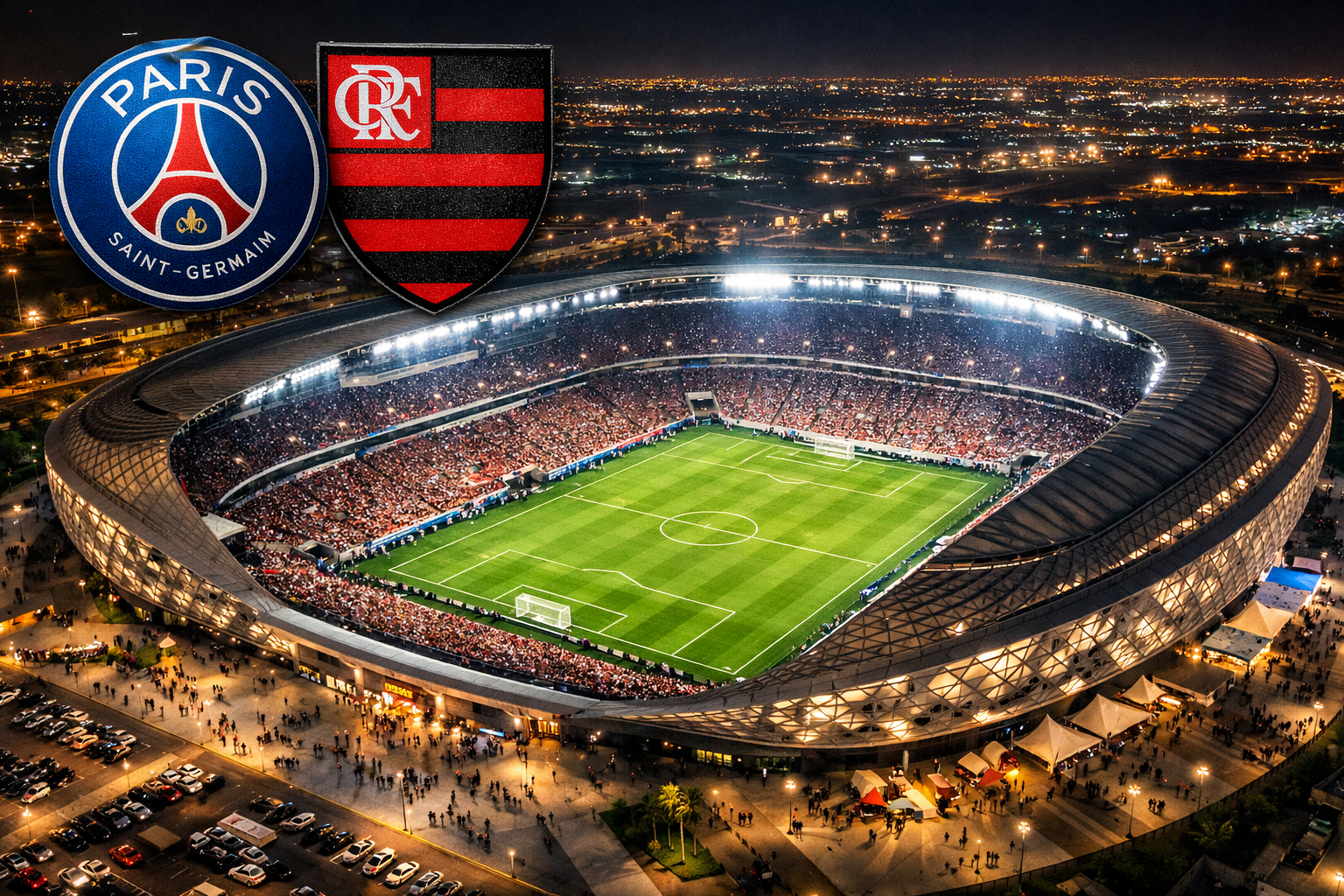 Imagem semiaérea noturna do estádio Ahmad Bin Ali, no Catar, iluminado para a final intercontinental entre Flamengo e Paris Saint-Germain.