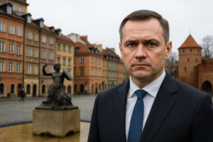 Imagem ilustrativa gerada por inteligência artificial mostra o presidente da Polônia, Karol Nawrocki, na Cidade Velha de Varsóvia, com a Praça do Mercado ao fundo.