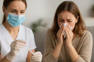 Profissional de saúde manuseia material de exame enquanto mulher apresenta sintomas de gripe em ambiente doméstico, em imagem ilustrativa.
