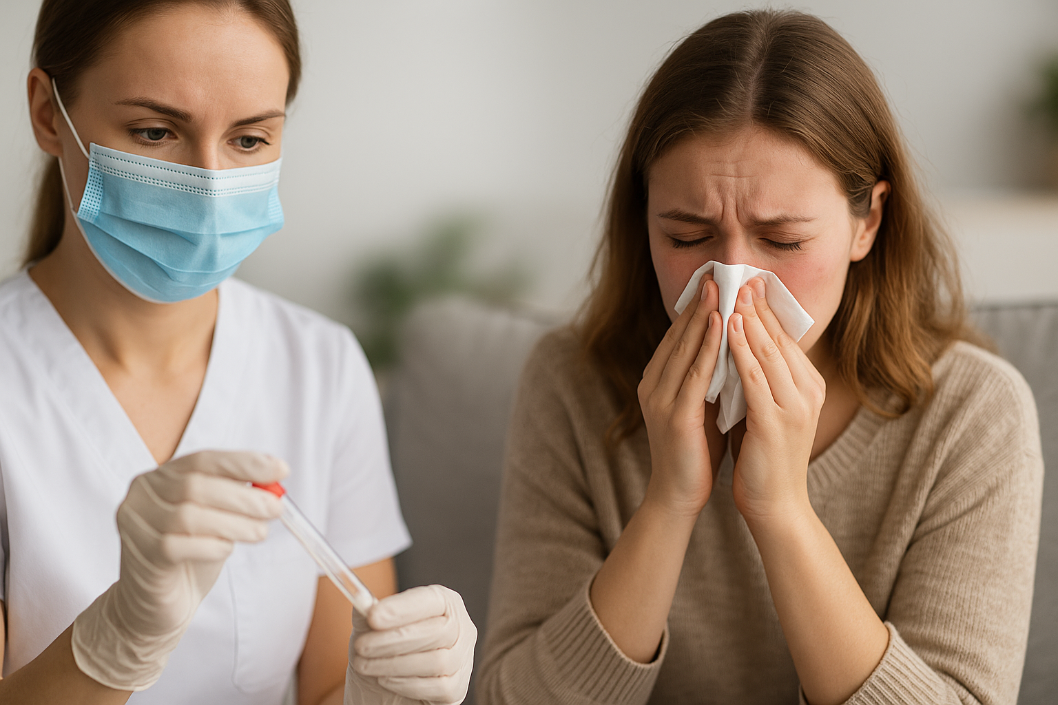 Profissional de saúde manuseia material de exame enquanto mulher apresenta sintomas de gripe em ambiente doméstico, em imagem ilustrativa.