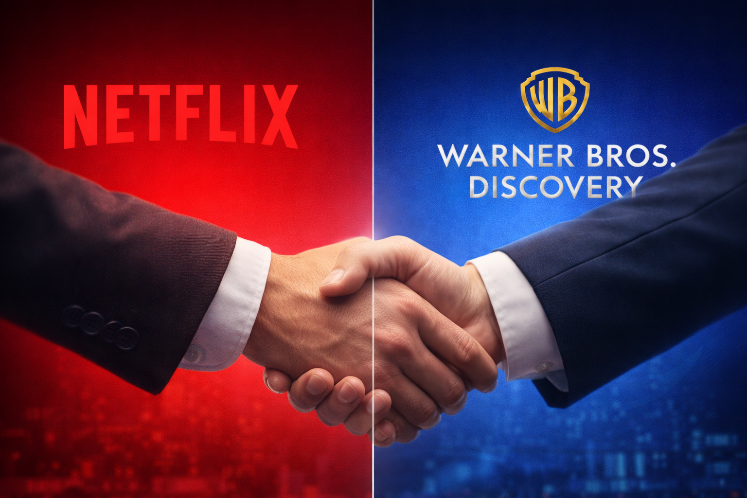 Imagem ilustrativa gerada por inteligência artificial mostra composição visual com as logomarcas da Netflix e da Warner Bros. Discovery, simbolizando acordo no setor de streaming.