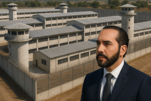 Vista semiaérea do Centro de Confinamento do Terrorismo (CECOT), em El Salvador, com o presidente Nayib Bukele em meio perfil no canto inferior direito da imagem.