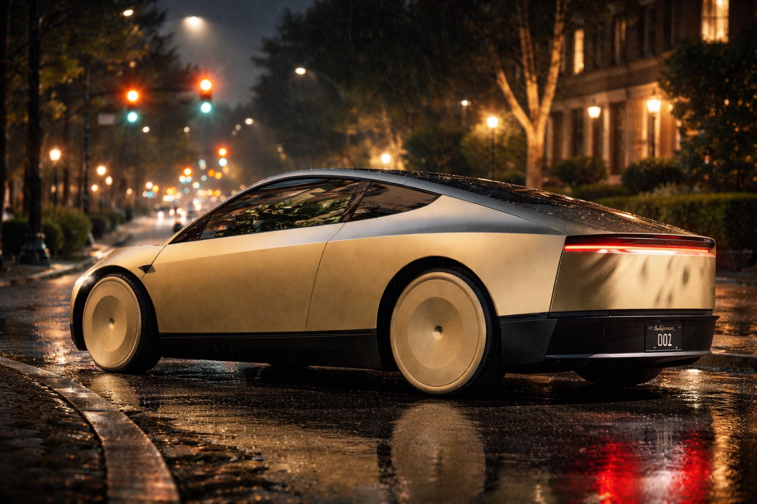Representação do robotáxi CyberCab da Tesla em rua urbana iluminada durante a noite.