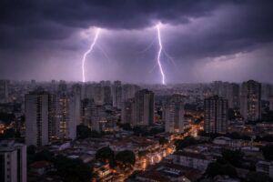 Temporal no fim de tarde sobre São Paulo, com céu escuro e dois raios atingindo a região urbana.