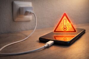 Imagem ilustrativa mostra celular conectado ao carregador próximo à tomada com símbolo de alerta de superaquecimento.