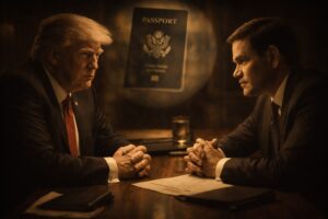 Donald Trump e Marco Rubio sentados em mesa de reunião sob iluminação baixa, com passaporte desfocado ao fundo — imagem gerada por IA