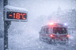 Imagem de cenário urbano europeu sob nevasca intensa, com termômetro marcando –18°C e ambulância ao fundo em composição ilustrativa gerada por inteligência artificial.