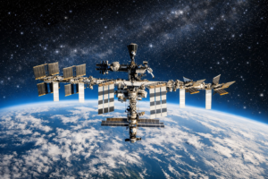 Imagem gerada por inteligência artificial mostra estação espacial orbitando a Terra, com painéis solares abertos e o planeta visível ao fundo, em perspectiva ultra-realista.