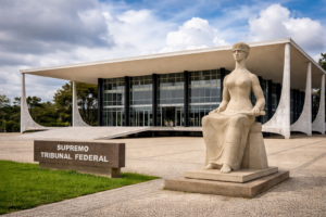 Fachada do Supremo Tribunal Federal em Brasília, com a estátua da Justiça em primeiro plano, em imagem ilustrativa gerada por inteligência artificial.