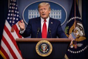 Imagem ilustrativa gerada por IA mostra Donald Trump discursando no púlpito presidencial da Casa Branca durante pronunciamento.