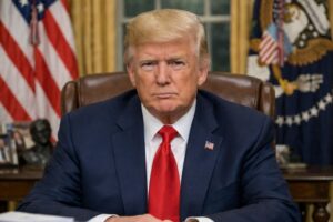 Donald Trump sentado em poltrona de couro marrom na Casa Branca, usando terno azul marinho e gravata vermelha — imagem gerada por IA para fins informativos.