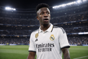 Imagem ilustrativa gerada por inteligência artificial mostra Vinícius Júnior em campo no estádio Santiago Bernabéu durante partida noturna do Real Madrid.